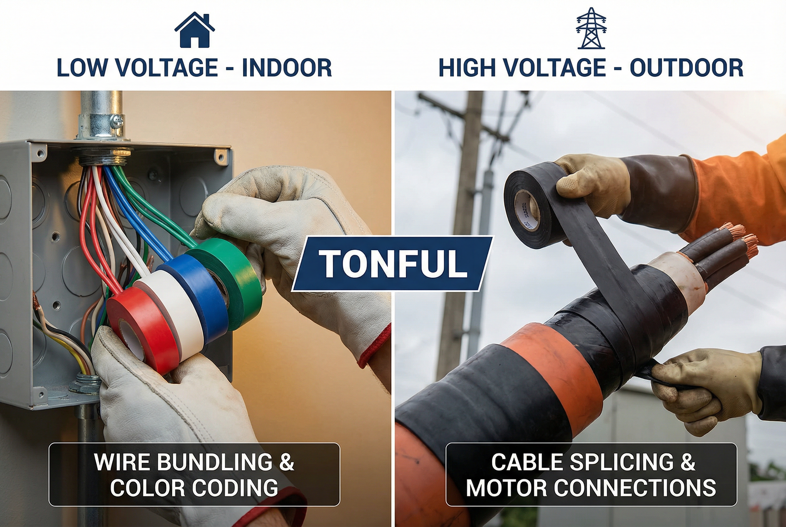 An electrician wrapping a high-voltage cable splice with rubber tape, demonstrating its use in demanding application scenarios.