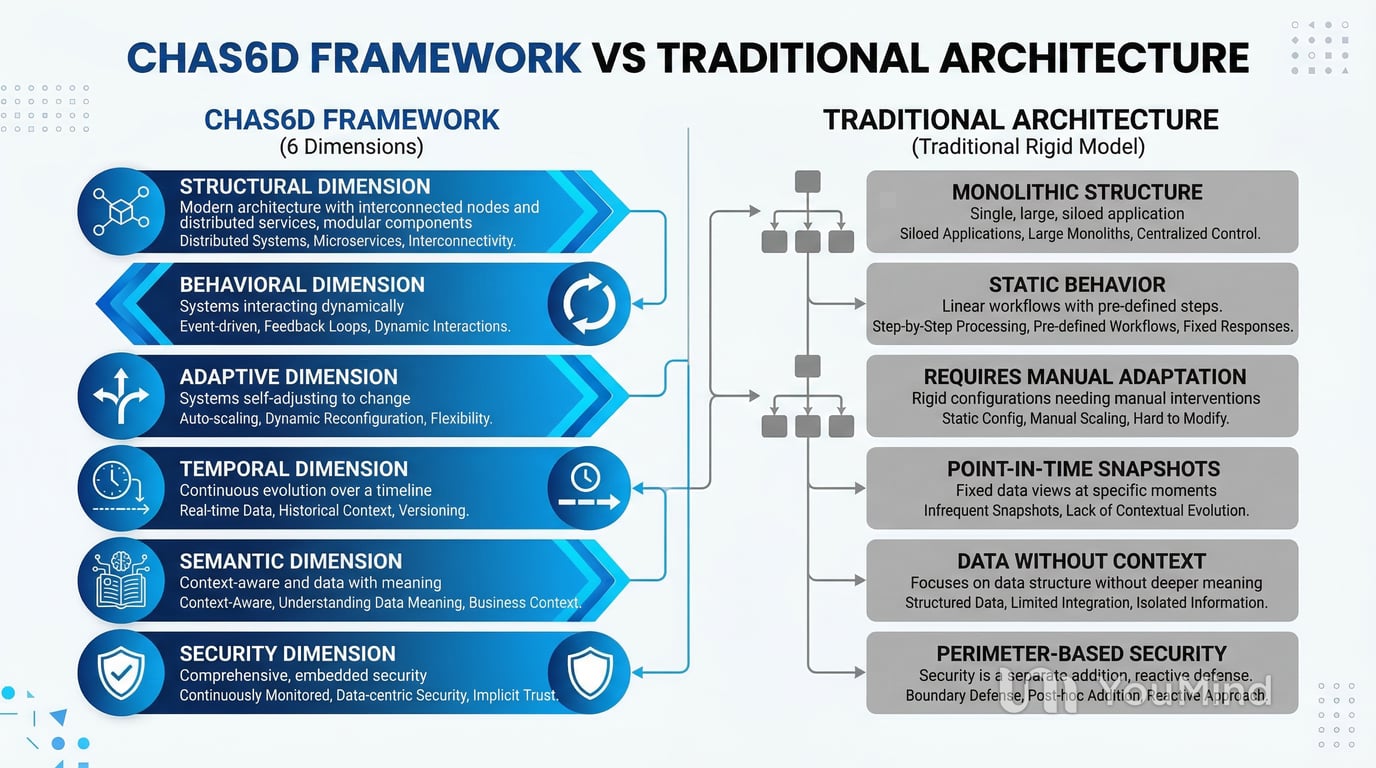 Comparison diagram showing CHAS6D adaptive framework vs Traditional rigid architecture with six key differences