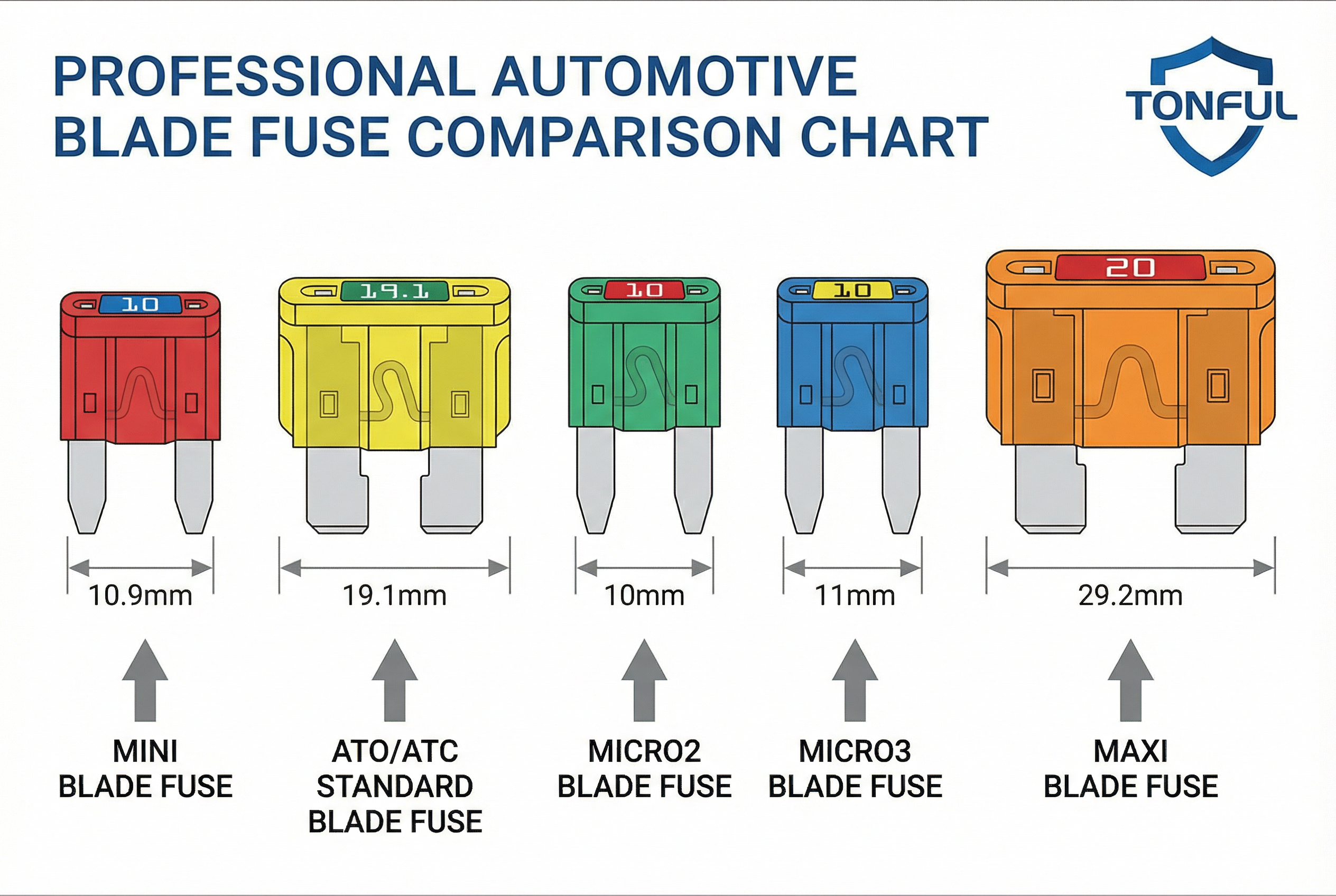 An assortment of TONFUL-branded ATO/ATC blade fuses, clearly showing the different color codes and amperage ratings. The fuses are arranged neatly, highlighting their quality and precision.