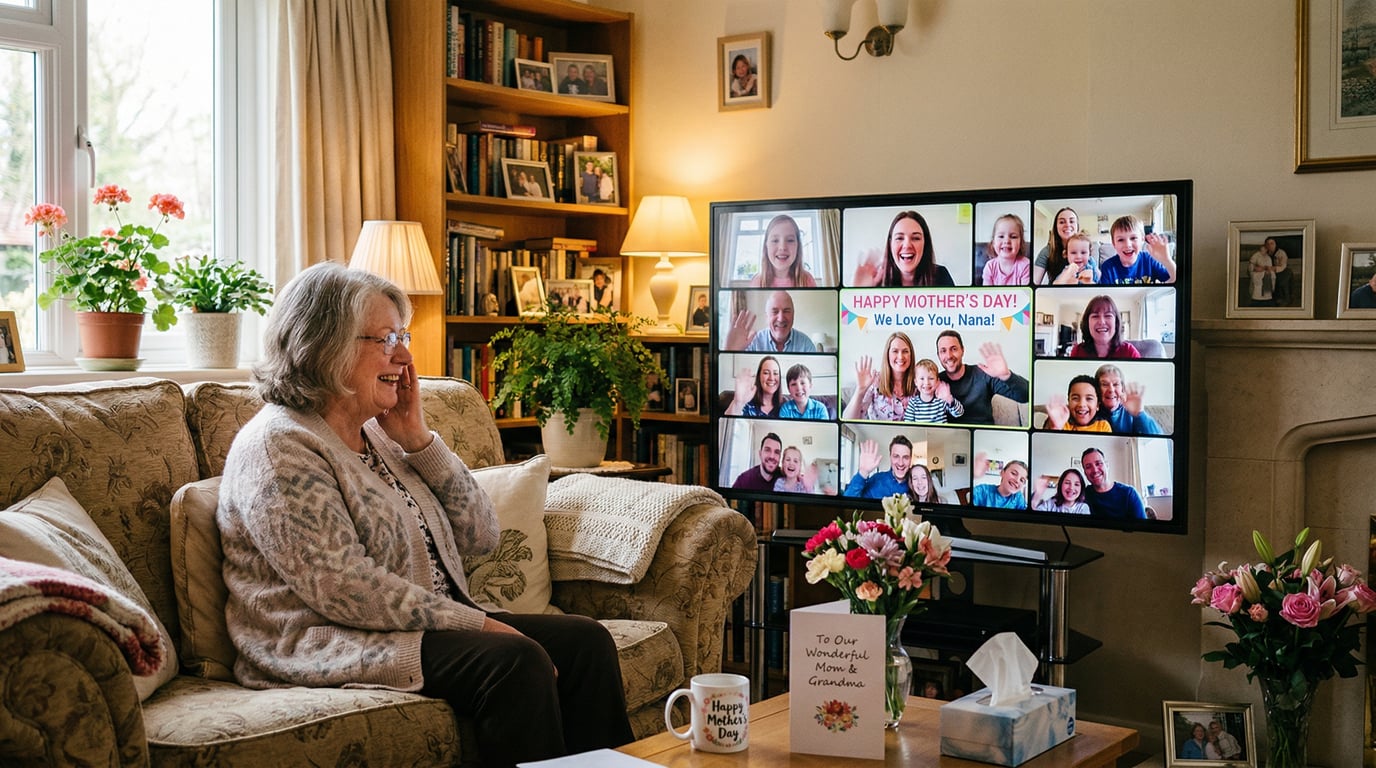 Virtual family gathering displayed on TV screen