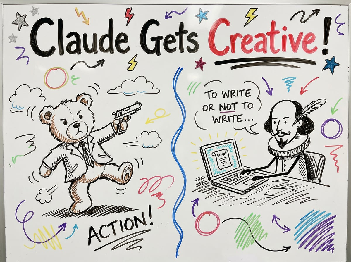 Hand-drawn whiteboard showing a split scene - left side has a teddy bear with an action pose and gun (John Wick style), right side shows Shakespeare with a laptop. Title: 