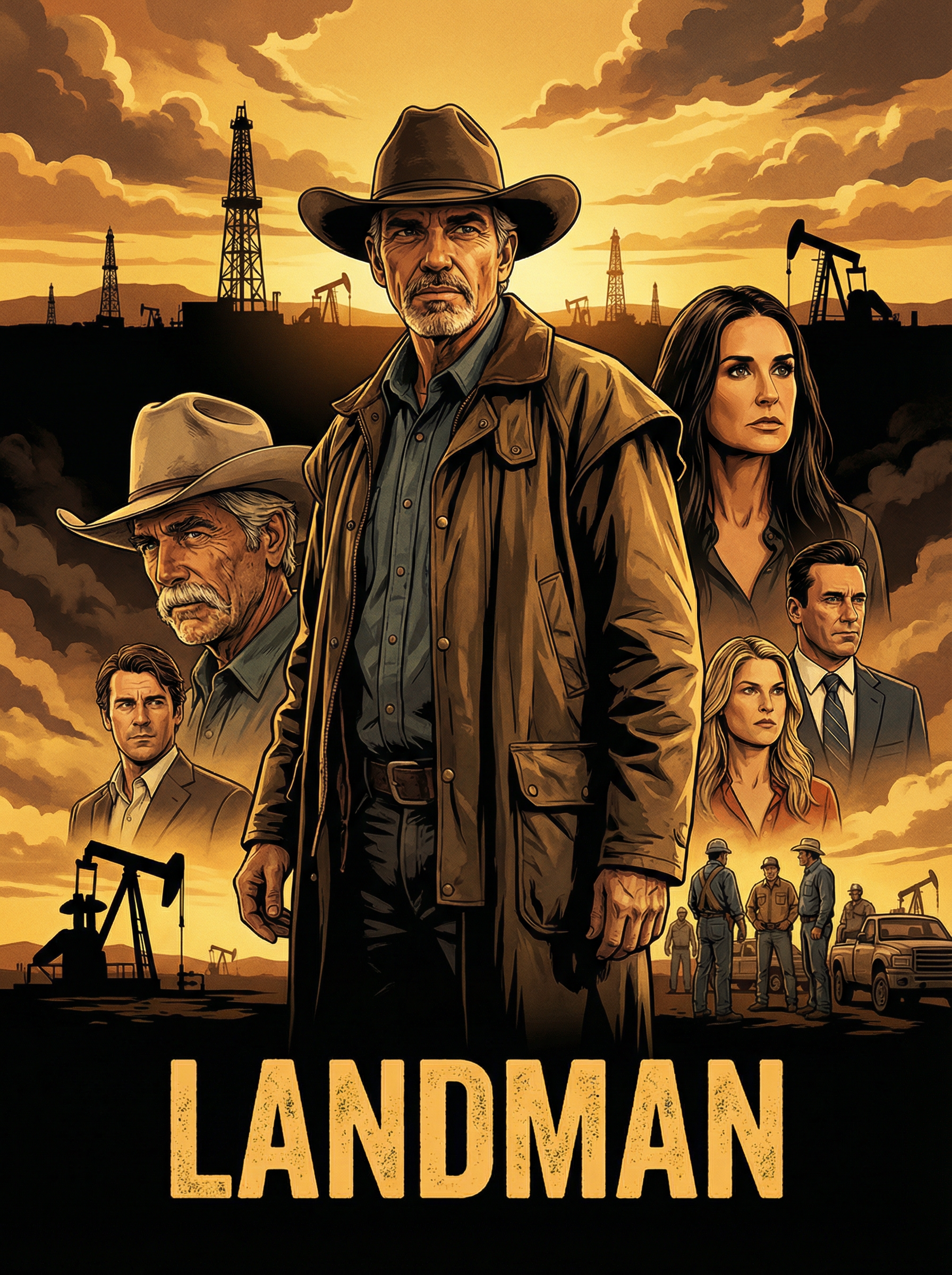 Landman Season 3 ensemble cast featuring Billy Bob Thornton, Sam Elliott, and other key characters