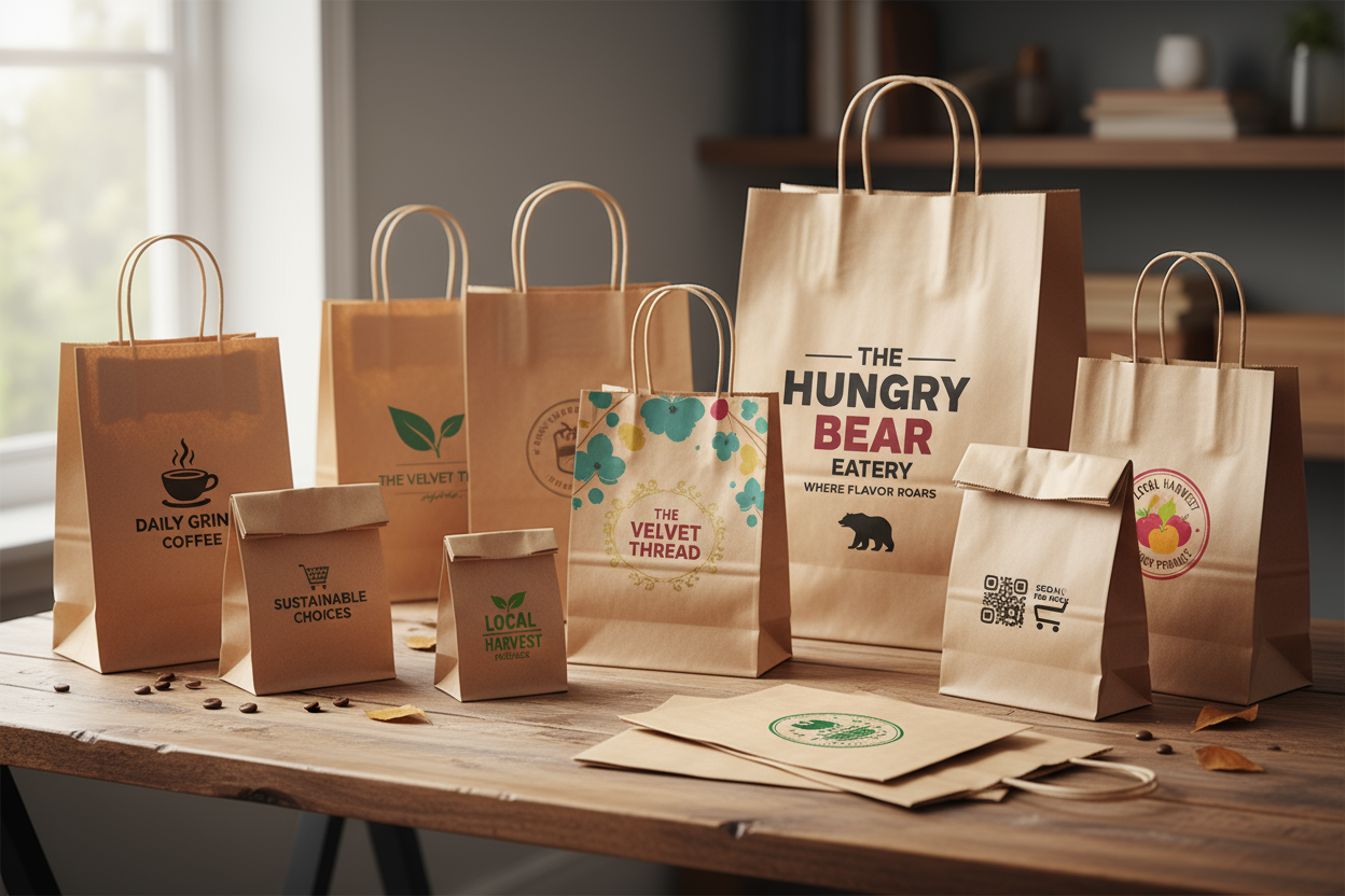 Examples of custom-printed brown paper bags with various branding designs