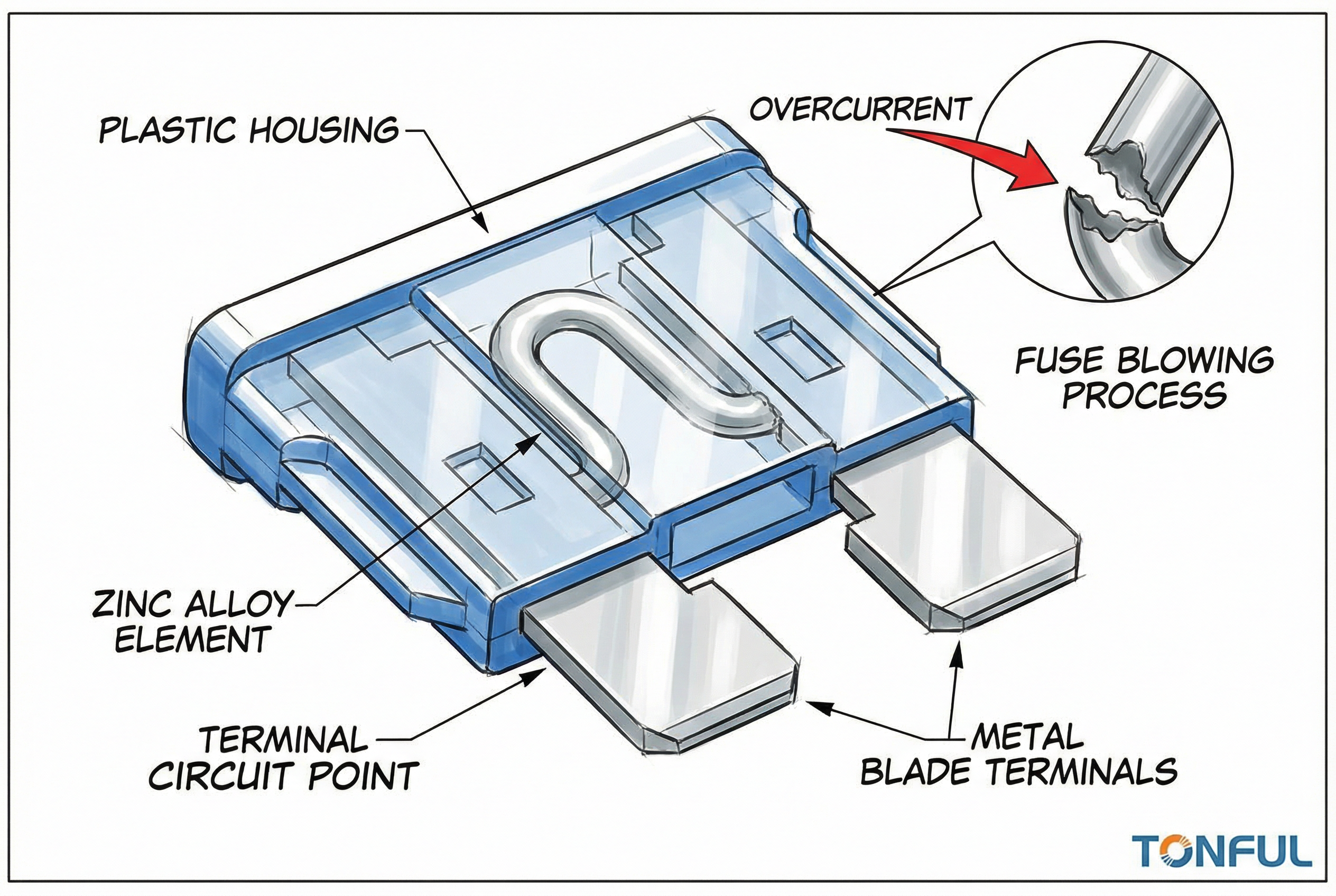 A detailed chart showing the universal color codes for automotive blade fuses, with TONFUL's logo. Each color is matched with its corresponding amperage rating.