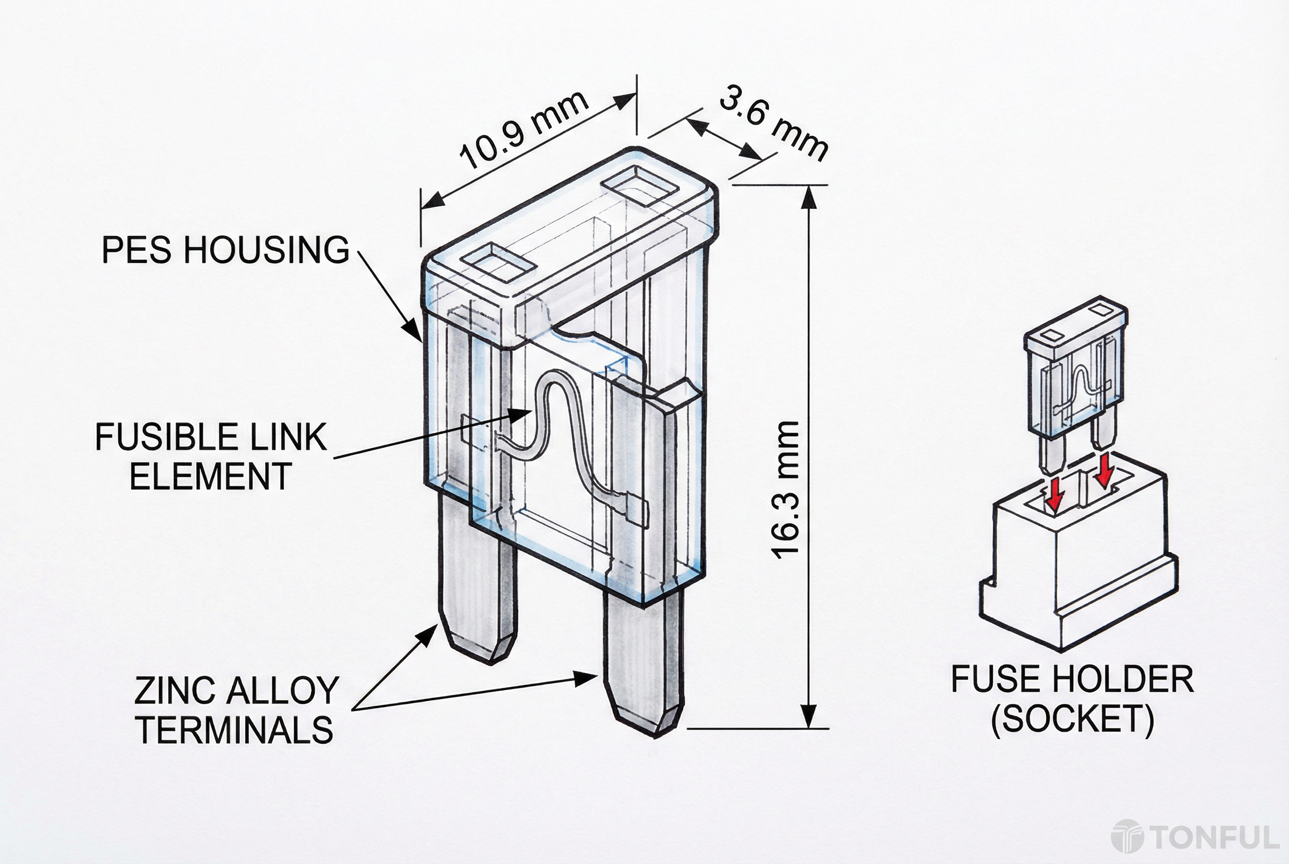 Technical diagram of Tonful mini blade fuse showing internal structure and dimensions