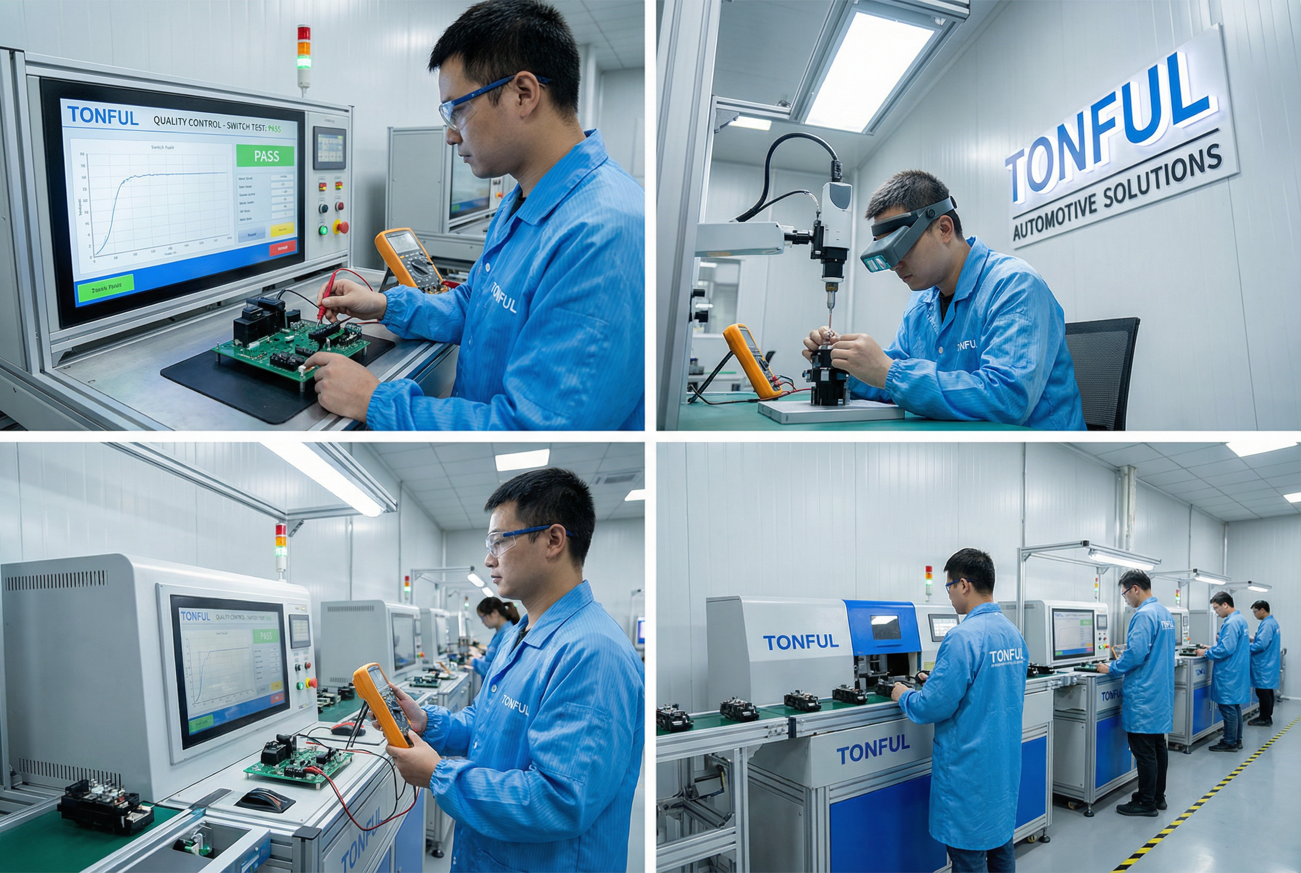 Tonful Electric engineers performing quality control testing on auto switches