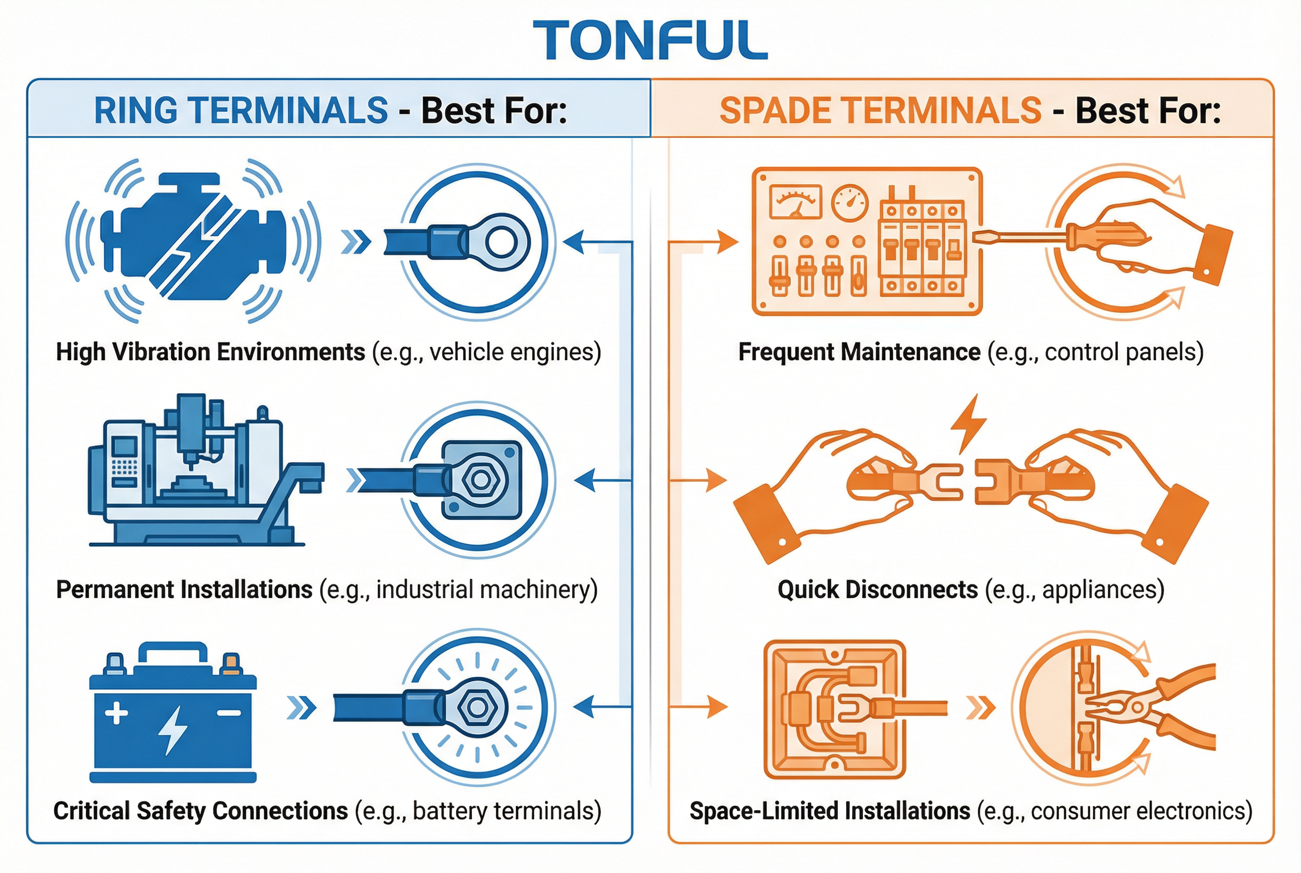A collage of images showing ring and spade terminals used in various applications: automotive engine bay, industrial control panel, marine wiring, and a home appliance.
