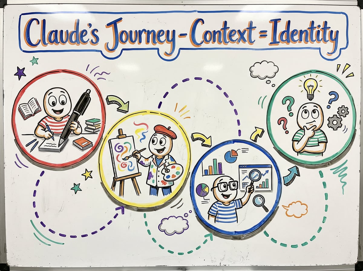 Whiteboard showing a timeline/journey with different Claude 