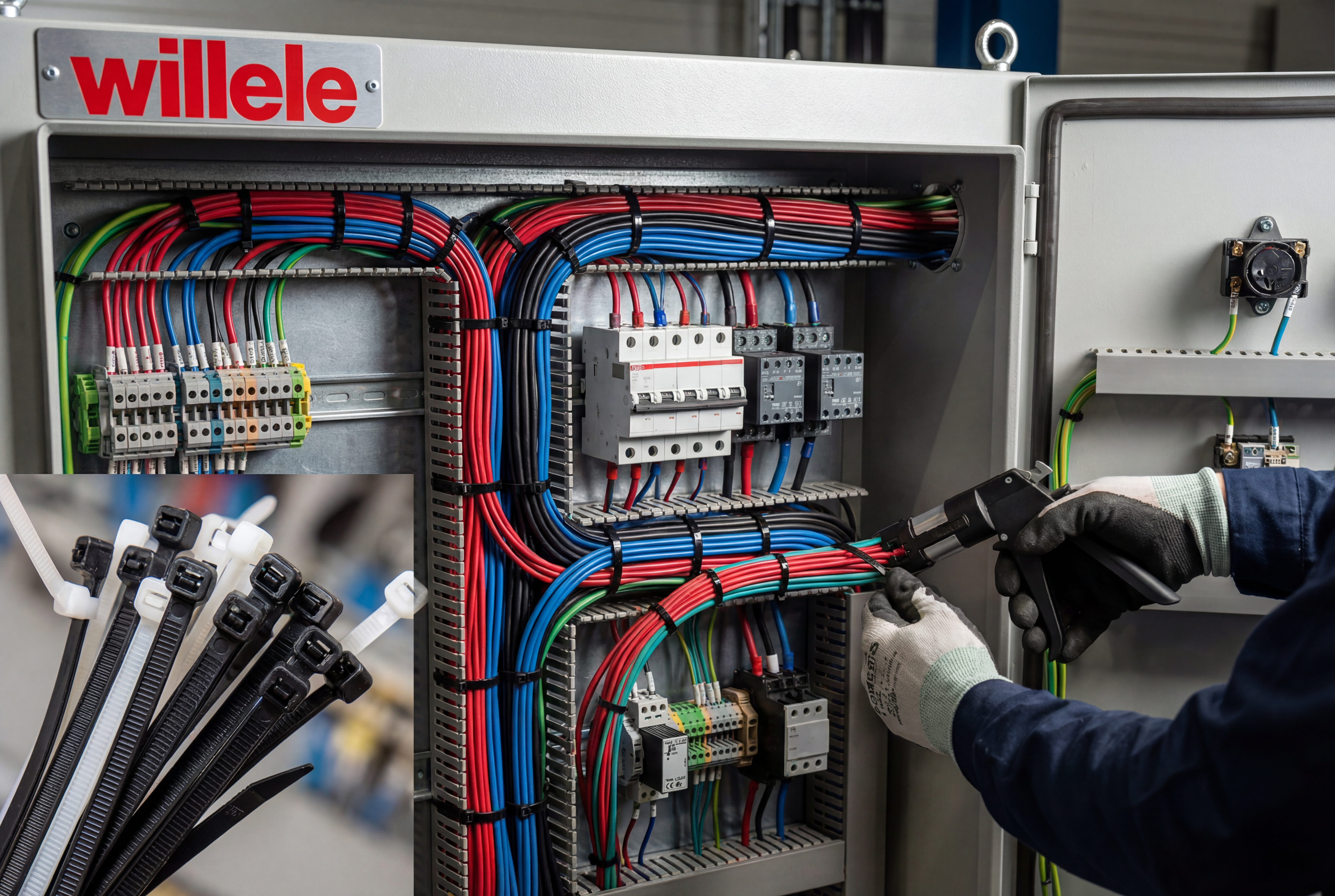 Photorealistic image of WILLELE nylon cable ties being used to organize complex wiring inside a professional industrial control panel.