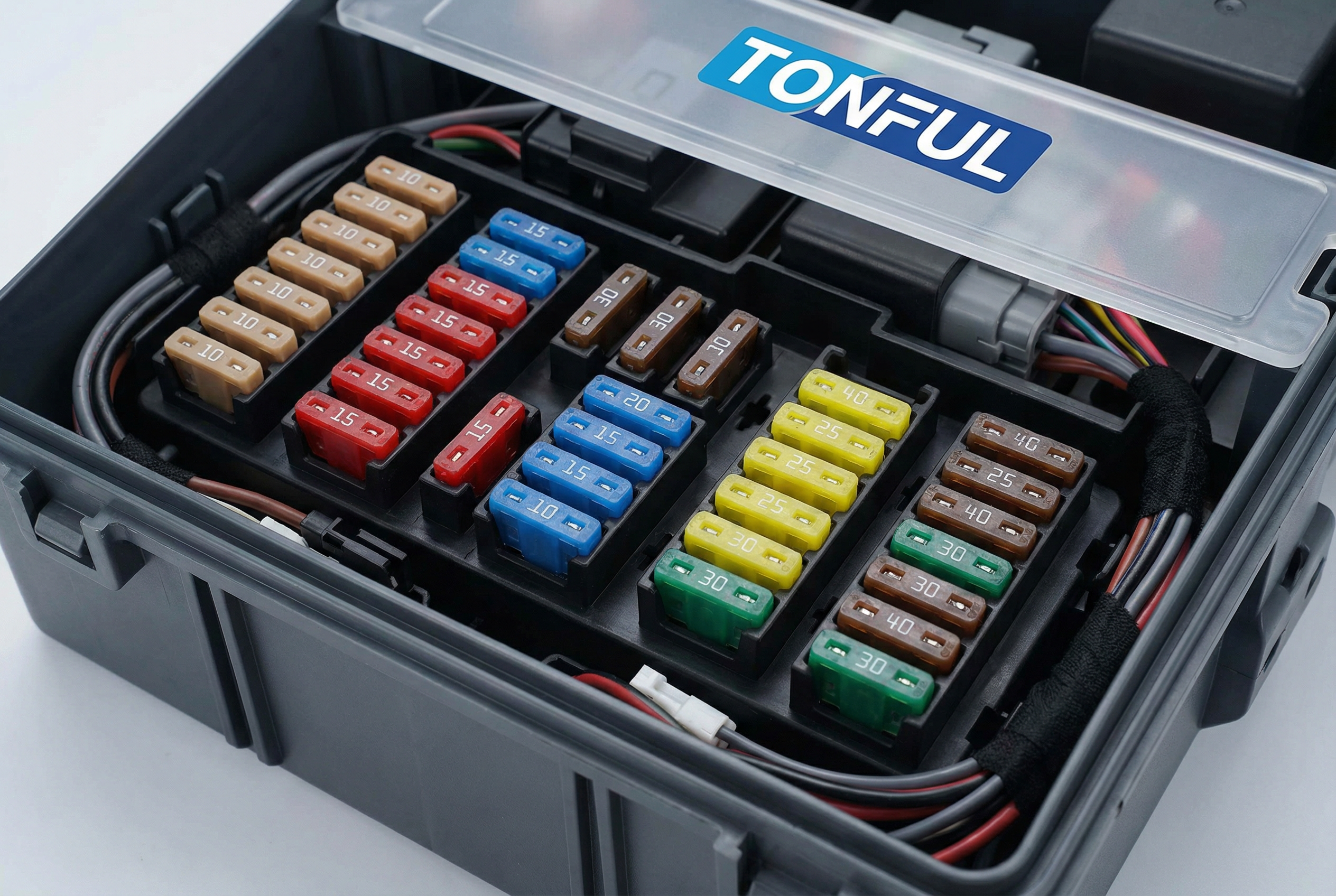 A professional image showcasing the range of TONFUL Electric's automotive blade fuses, neatly packaged and ready for B2B shipping, with the company logo prominently displayed.