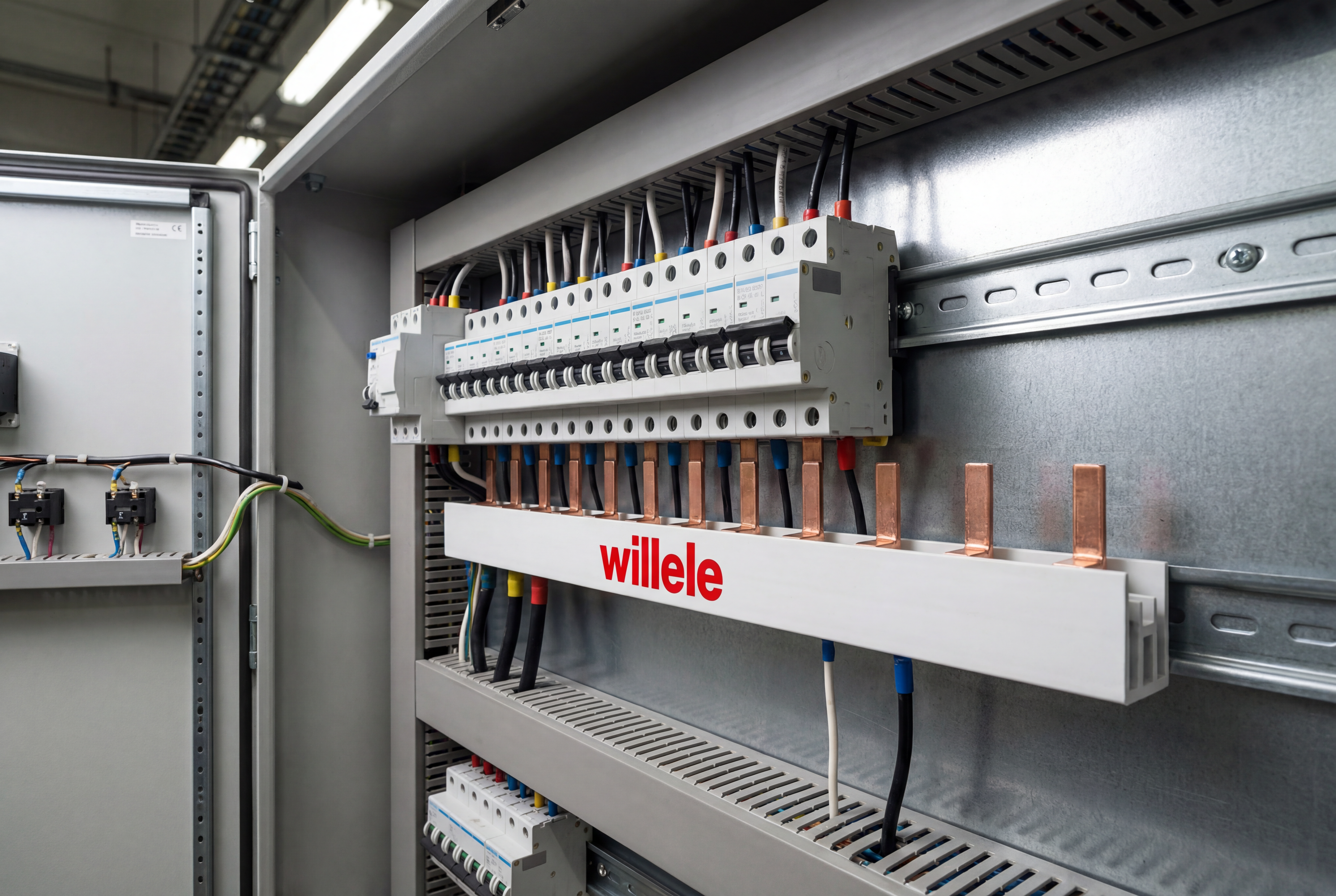 WILLELE pin-type MCB busbar installed in distribution panel connected to circuit breakers
