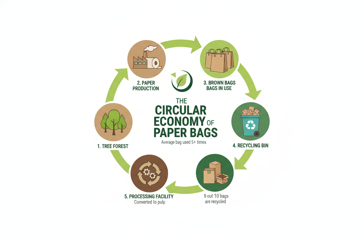 Infographic showing the circular economy of paper bag recycling process