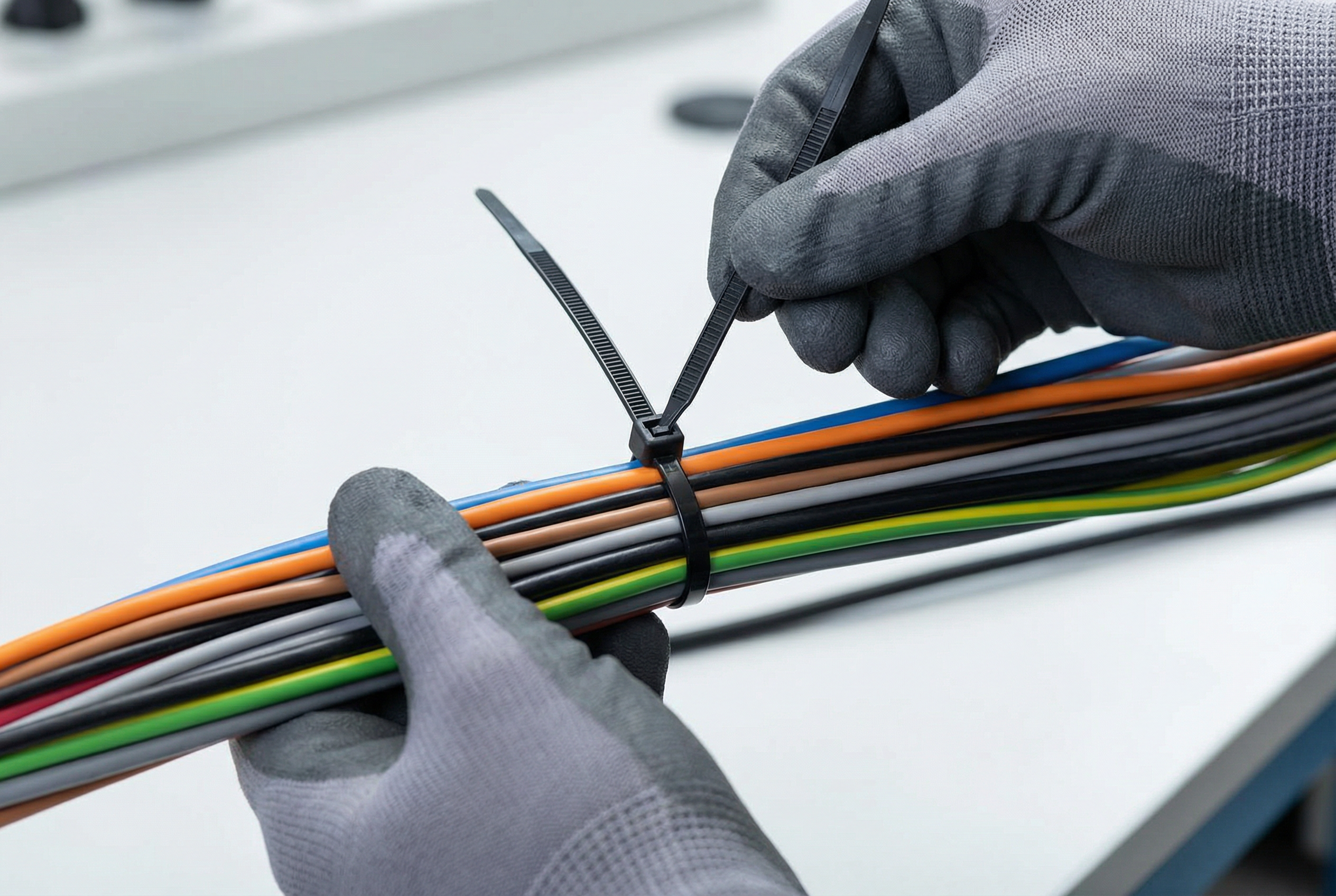 A set of vibrantly colored cable ties arranged neatly