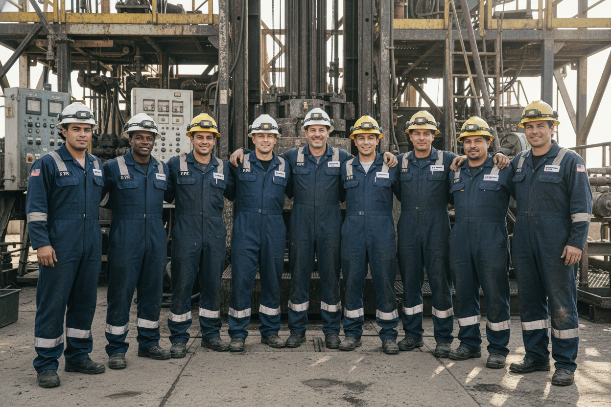 A diverse group of oil rig workers in FR coveralls and hard hats standing together on a drilling rig, showcasing camaraderie and teamwork.