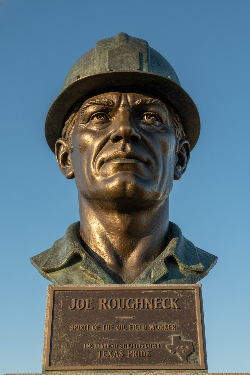 A close-up of the bronze Joe Roughneck monument, showing his determined face and hard hat against a blue sky.