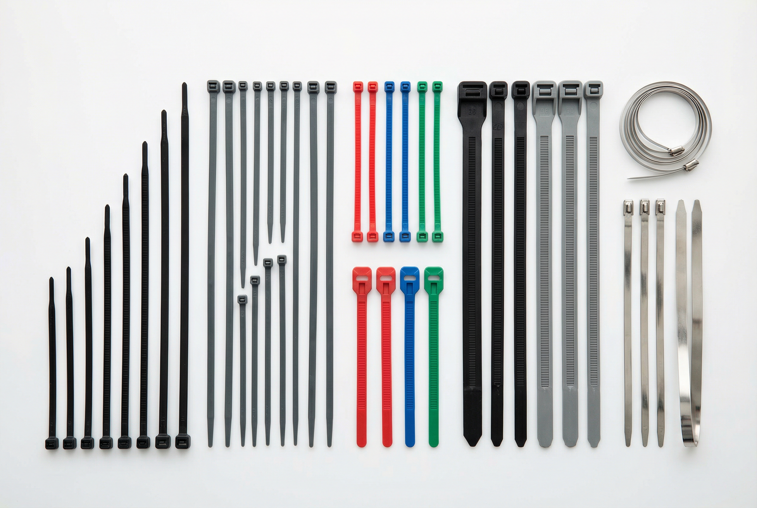 A variety of cable ties in different sizes and colors