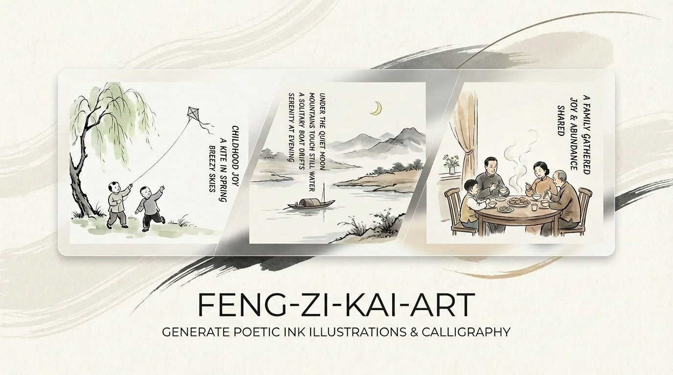 水墨画スタイルのアート作品 Feng Zkai スタイルのミニマルな水墨画イラスト - YouMind スキル