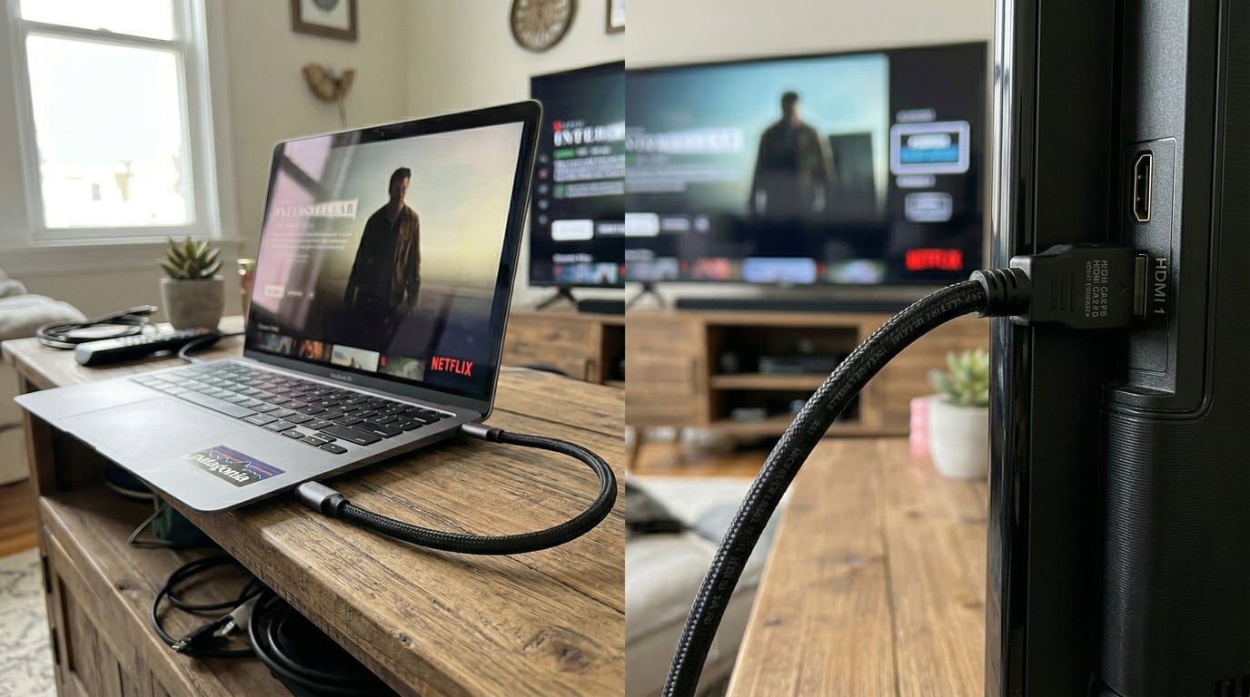 HDMI cable connecting laptop to TV
