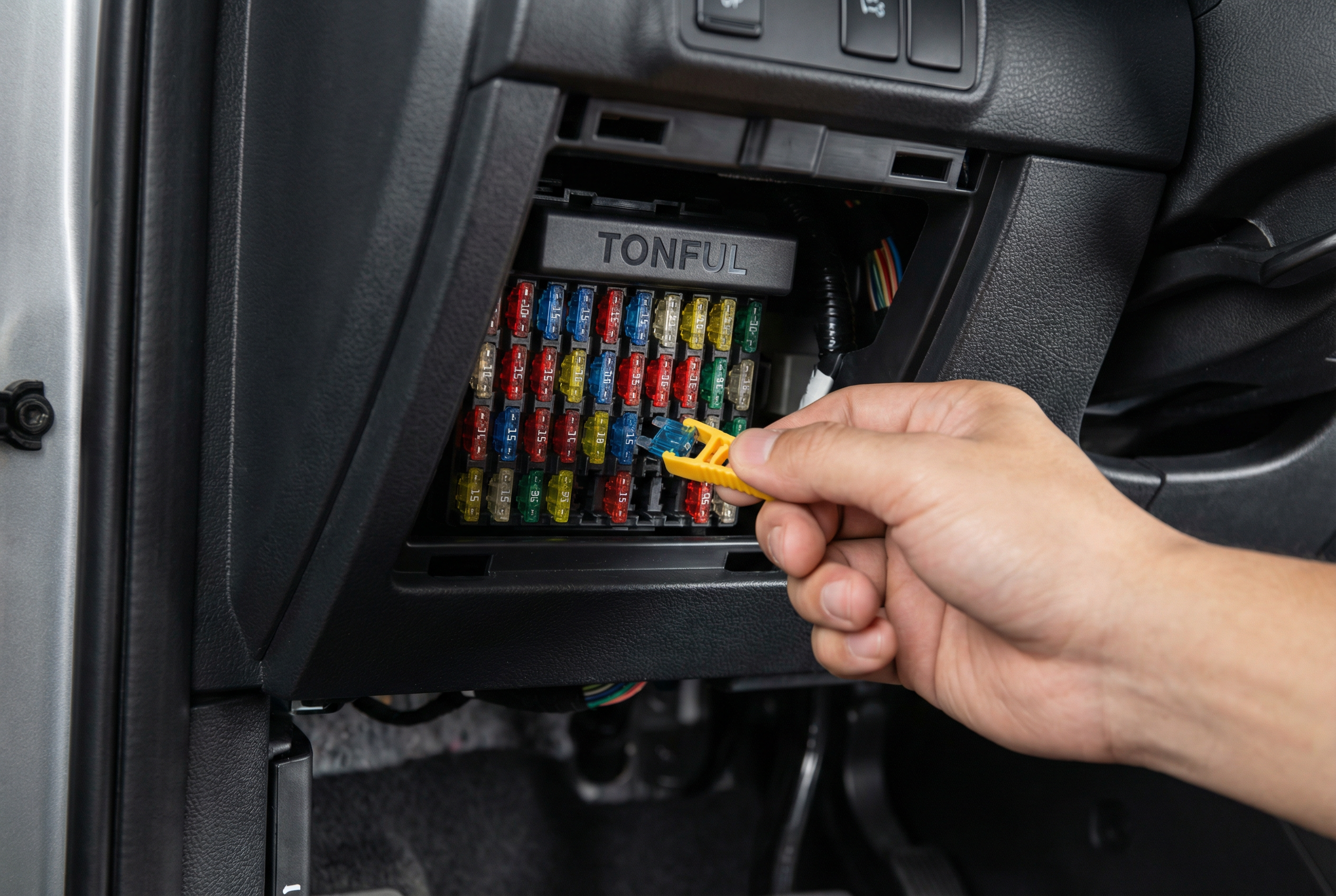 Automotive fuse box application scene with Tonful branding