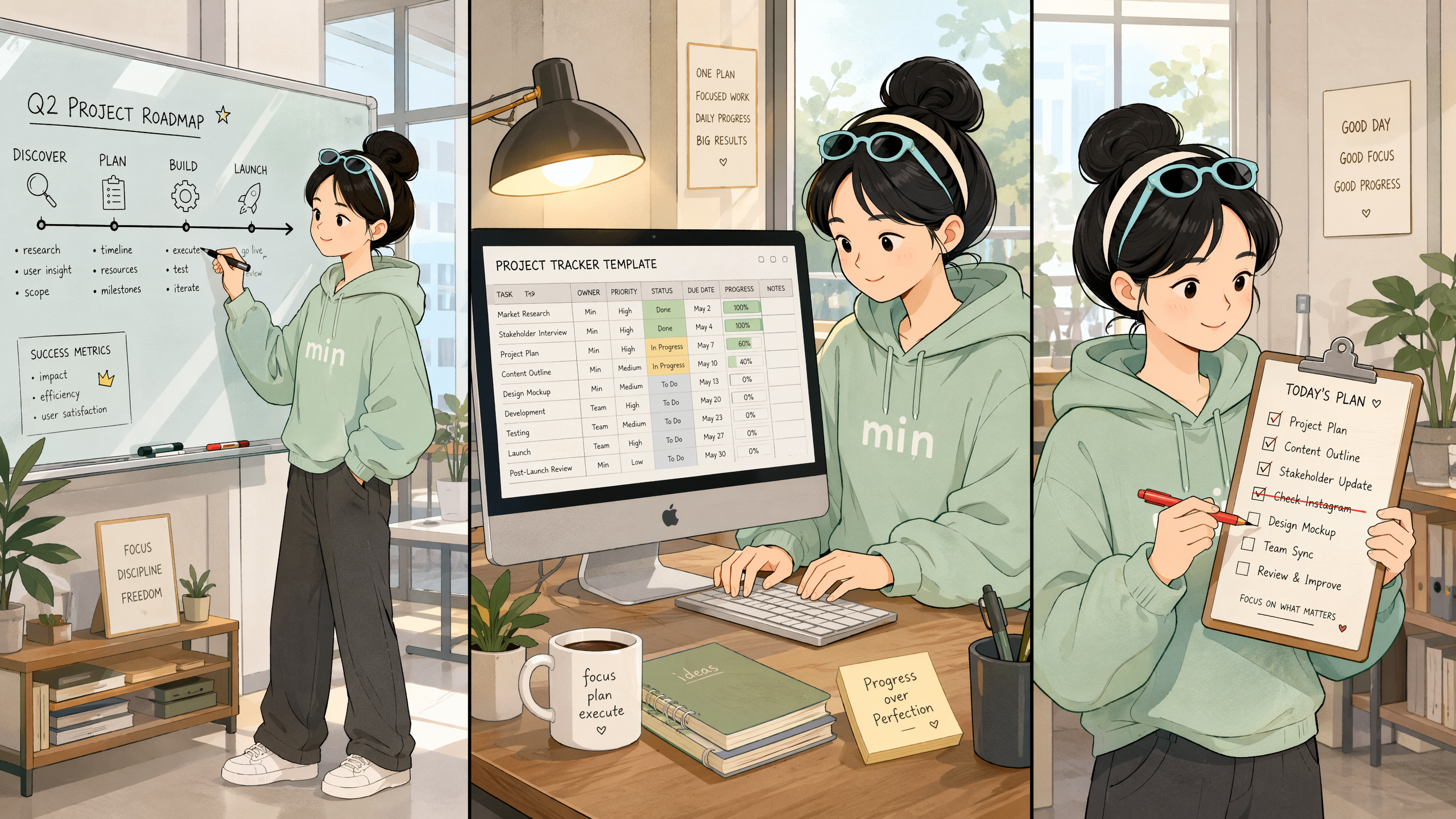 {"alt":"同一人物在不同场景的三格画面:左侧接任务前在玻璃板上画路线图,中间在电脑前创建模板表格,右侧对着清单果断划掉不重要的任务,干净明亮的现代办公环境,氛围专注有序","id":"imageId-4dd24579-914a-4628-9c54-40a6988e59cb","width":1066,"height":600}