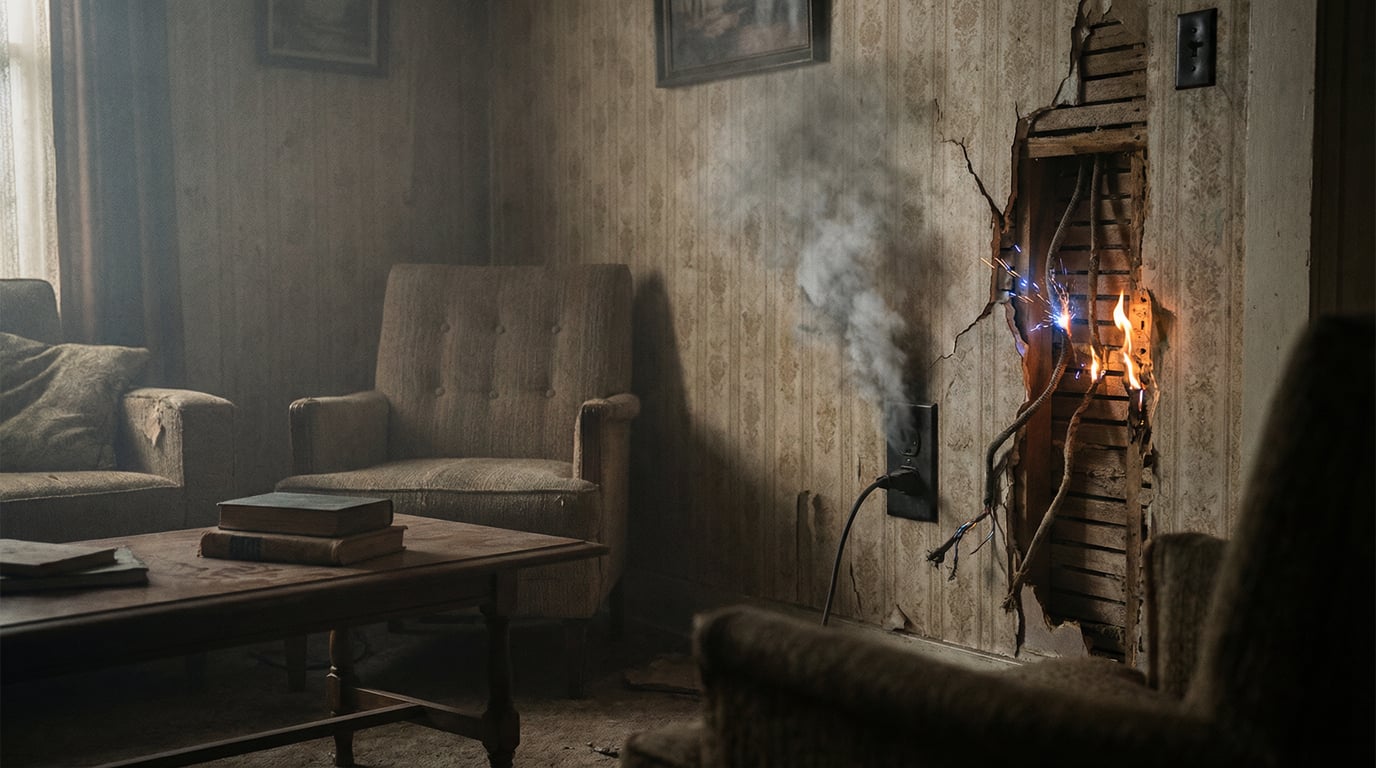 A visual representation of an electrical sine wave being disrupted by an arc fault.