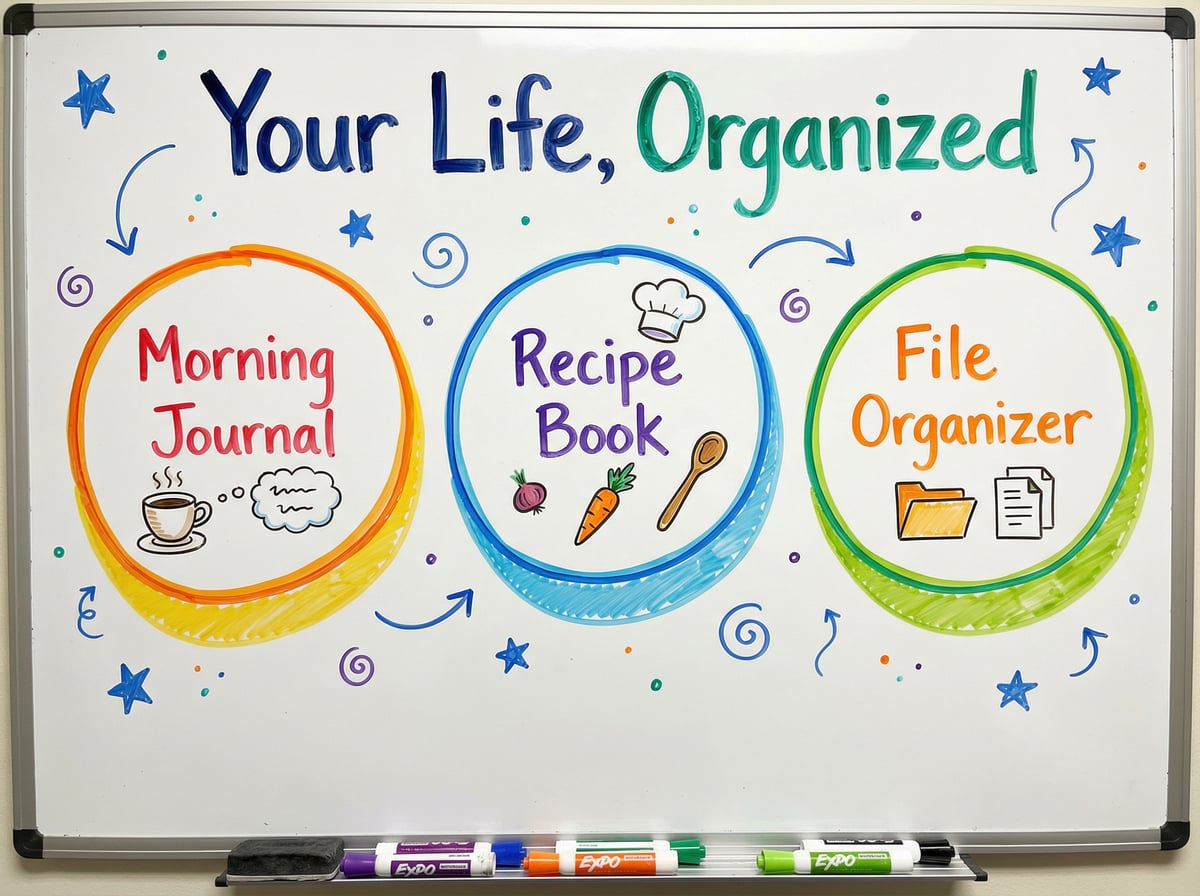 Whiteboard showing three circular sticky-note-style sections: 1) 