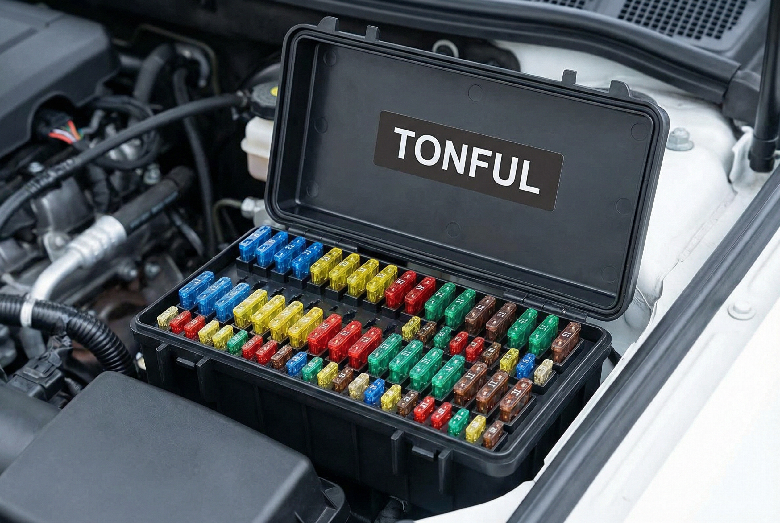 A technician's hand holding a blown Standard blade fuse next to a vehicle's fuse box.