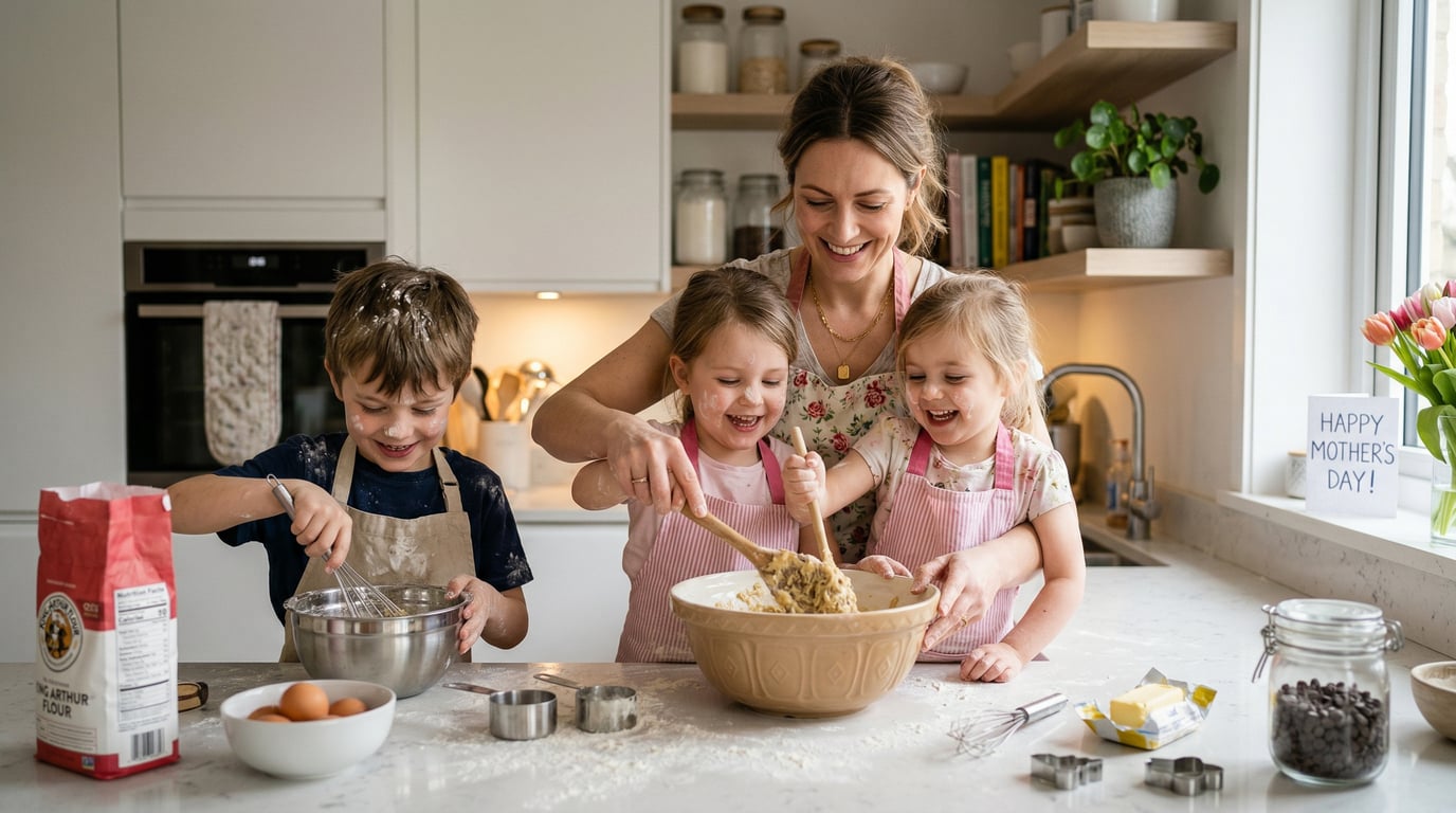Mother and children baking together in kitchen