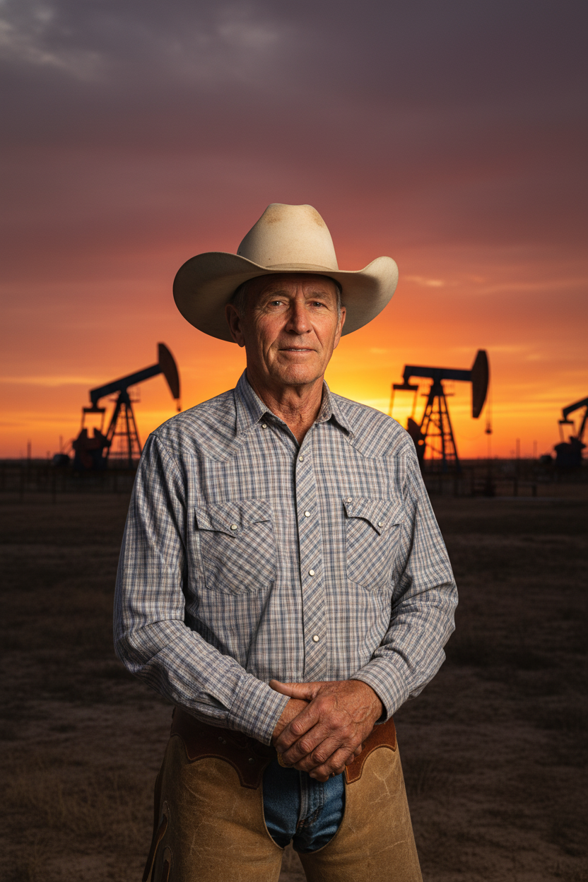 A striking portrait of a weathered, 60-something West Texas rancher in a cowboy hat, his expression a mix of pride and concern, with oil pump jacks blurred in the background.