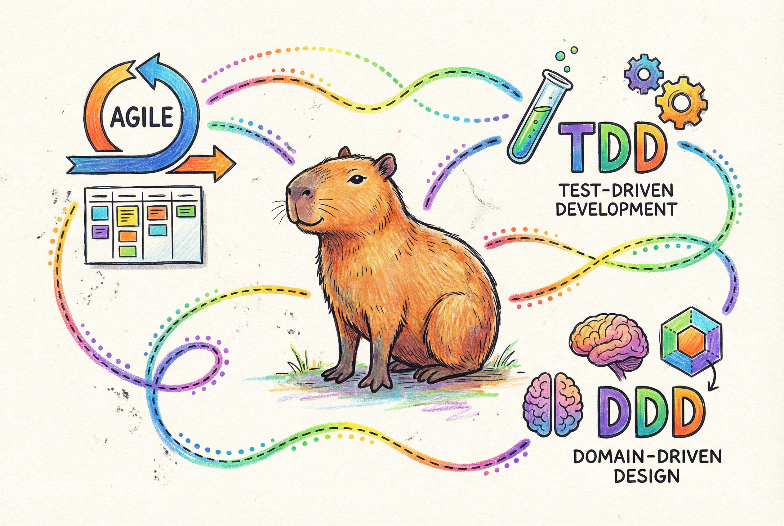 一只卡皮巴拉坐在中间,周围环绕着敏捷开发、TDD、DDD 等方法论的图标,图标之间有虚线连接,象征着融合与共生