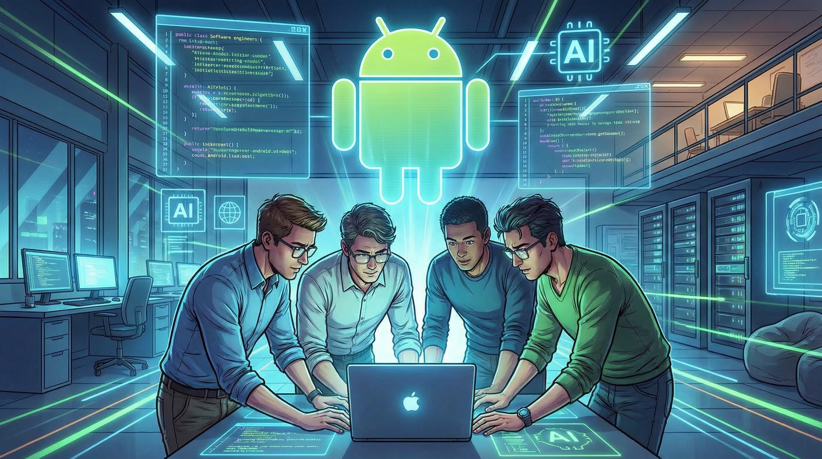 Four engineers collaborating on development