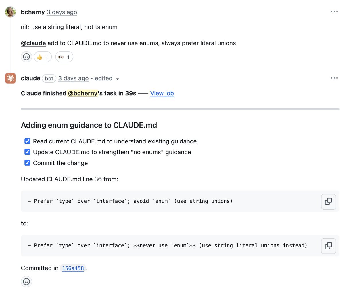 Code review showing @.claude tag being used to suggest CLAUDE.md improvements