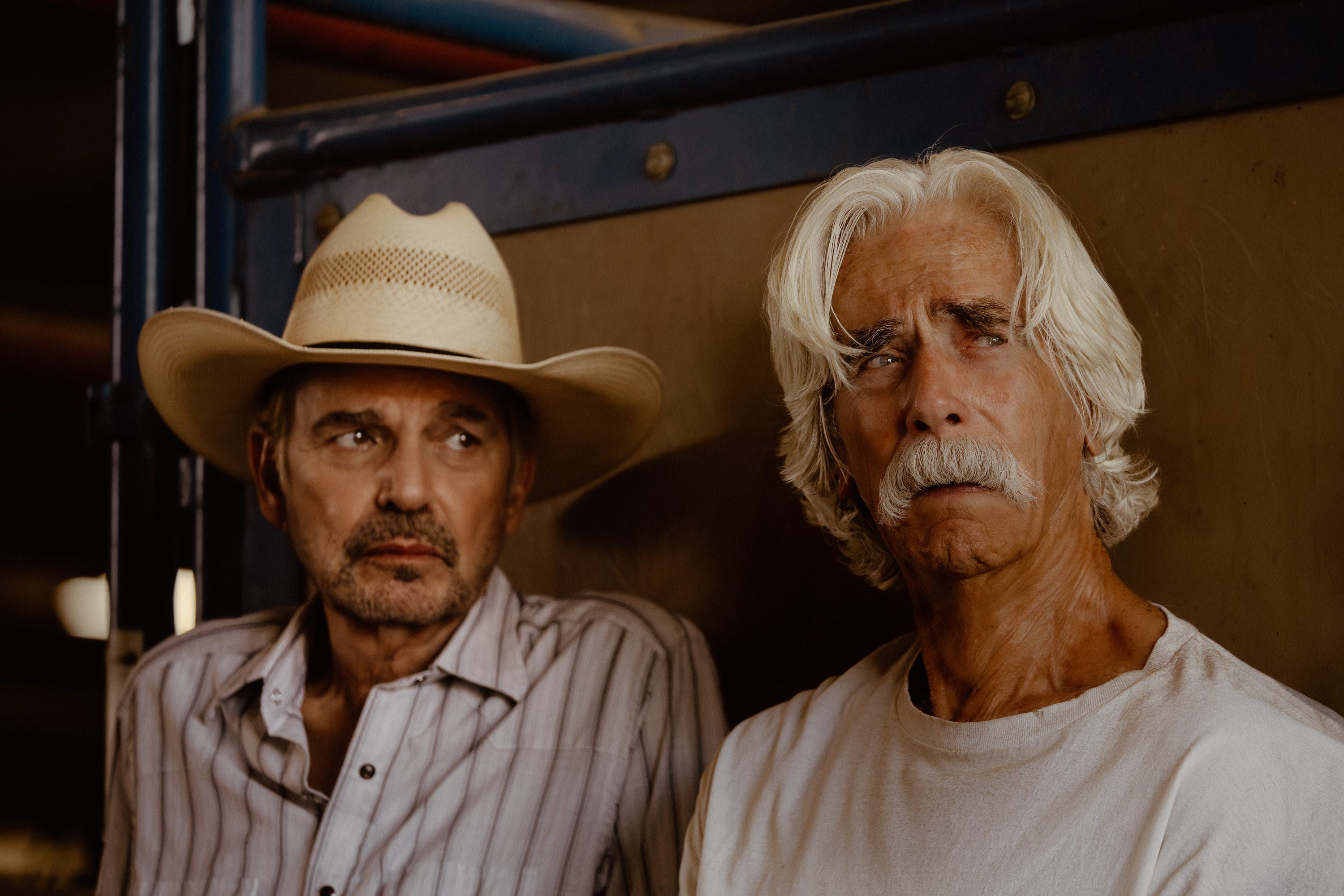 Billy Bob Thornton as Tommy and Sam Elliott as T.L. in Landman Season 2