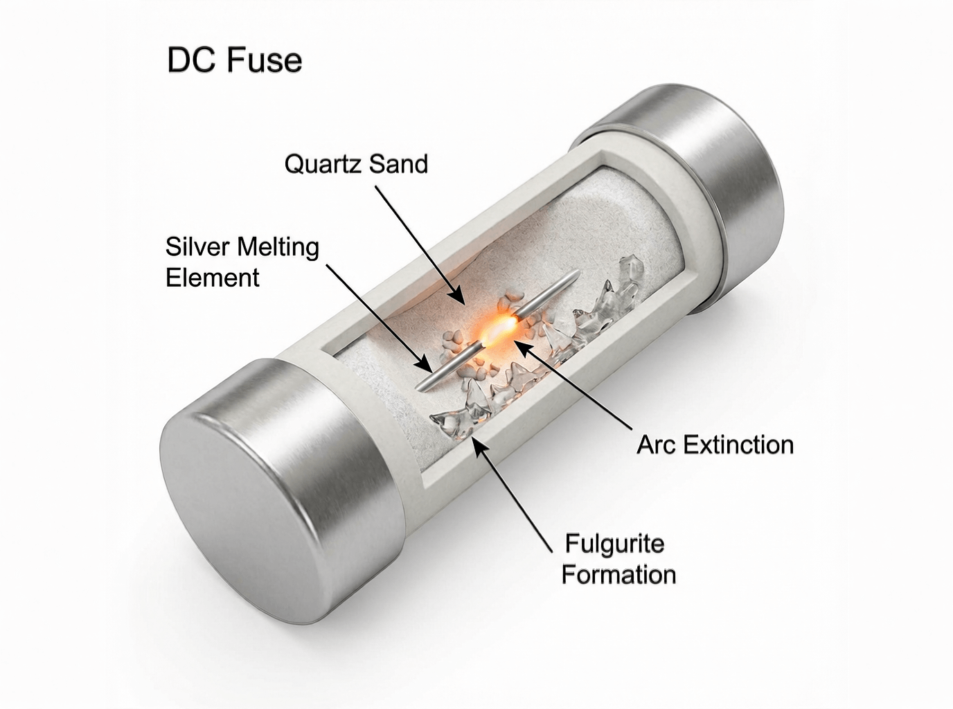Cross-section diagram showing internal fuse construction with sand filler