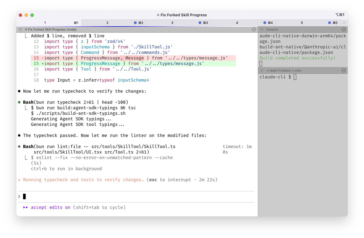 Boris's terminal setup showing 5 numbered Claude tabs running in parallel