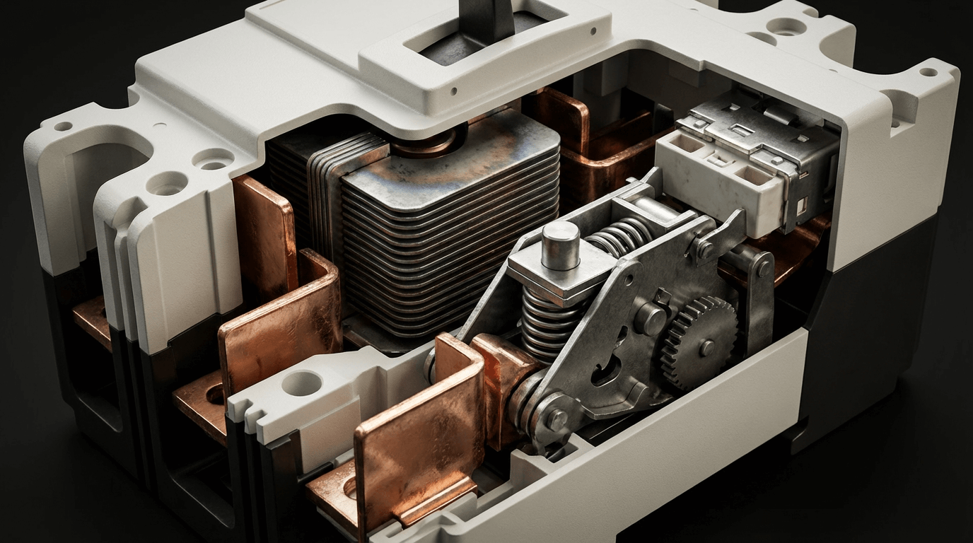 Internal mechanism showing arc chute plates and contact system